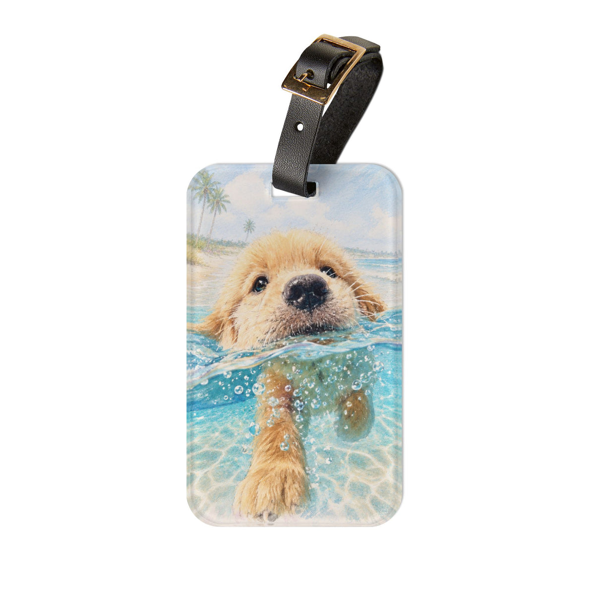 Acrylic luggage tag printed with a Golden Retriever puppy swimming through blue watercolor water