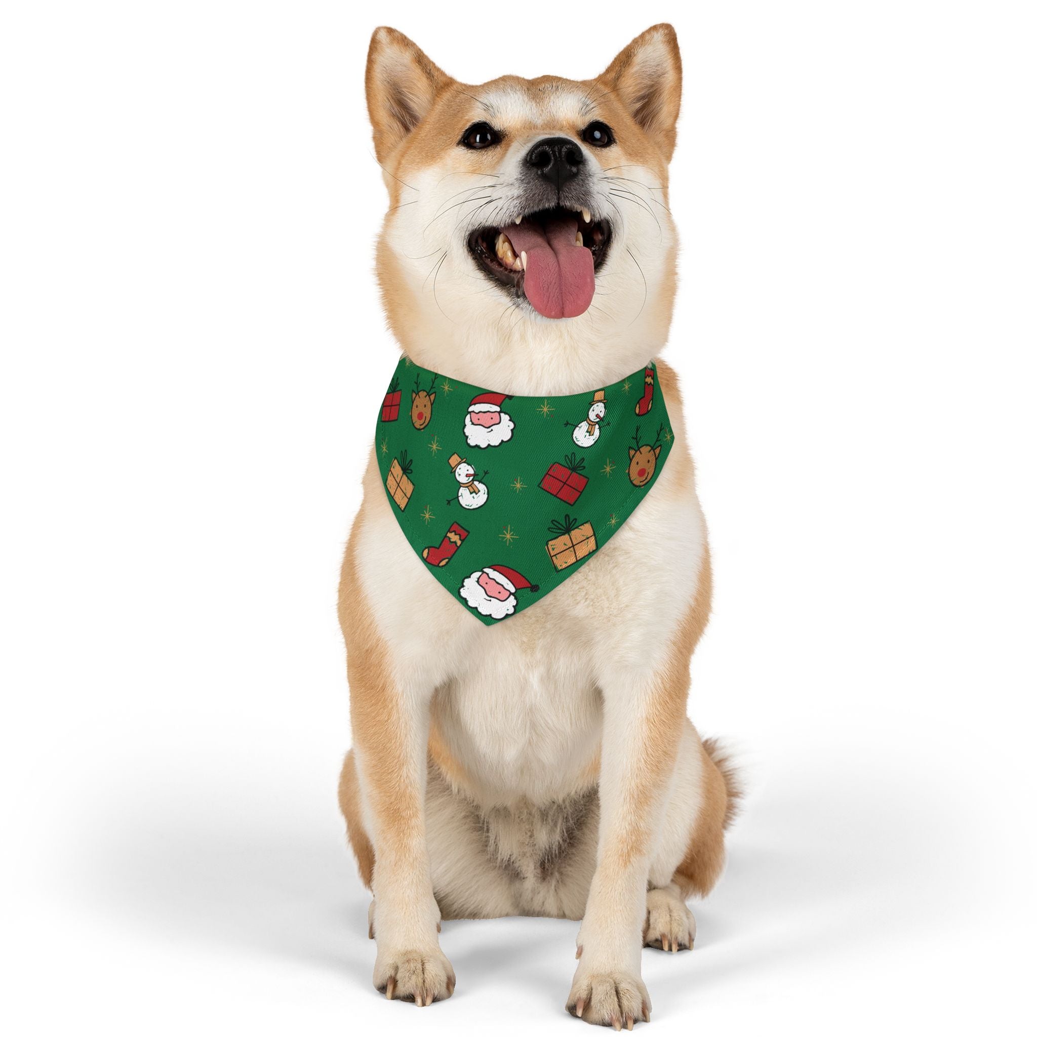 Christmas Dog Bandana Collar – Santa, Snowman & Reindeer Pattern (Green) | Holiday Pet Accessory