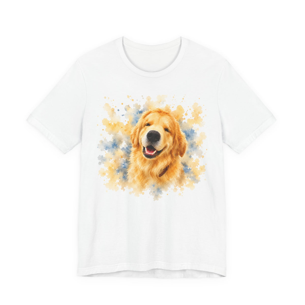 White t-shirt printed with a grinning Golden Retriever surrounded by gold and blue watercolor splashes