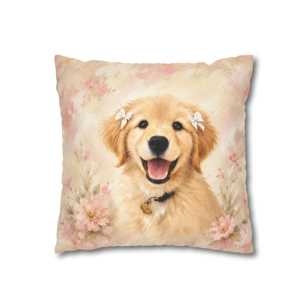 14 inch pillow cover printed with a Golden Retriever puppy surrounded by blush pink watercolor florals