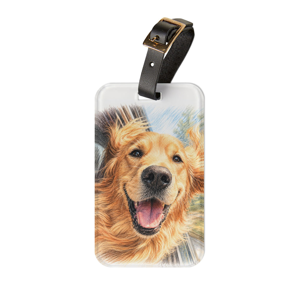 Acrylic luggage tag printed with a Golden Retriever with wind-swept ears and a wide open smile