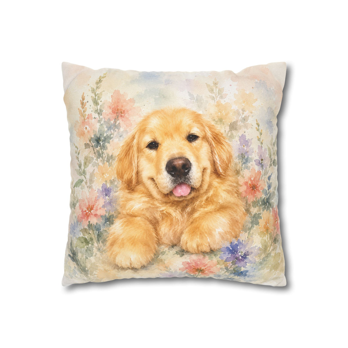 14 inch pillow cover printed with a relaxed Golden Retriever puppy with tongue out among watercolor wildflowers