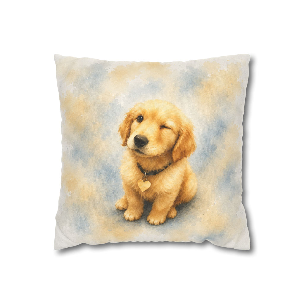 14 inch pillow cover printed with a winking Golden Retriever puppy in yellow and blue watercolor