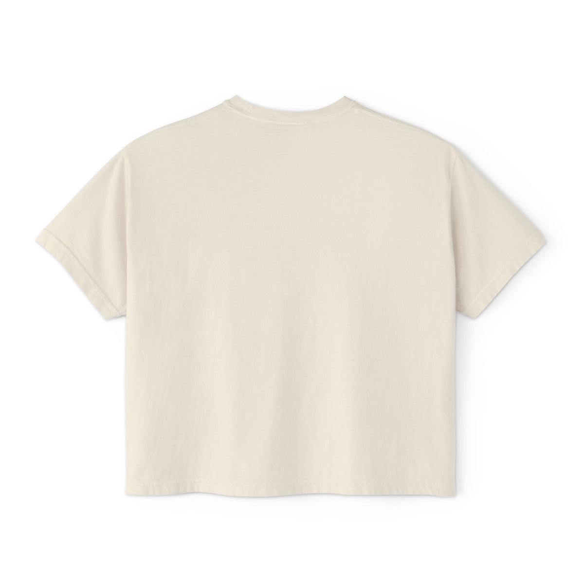 Ivory boxy t-shirt printed with a Golden Retriever puppy in a lavender bandana sitting in a grassland