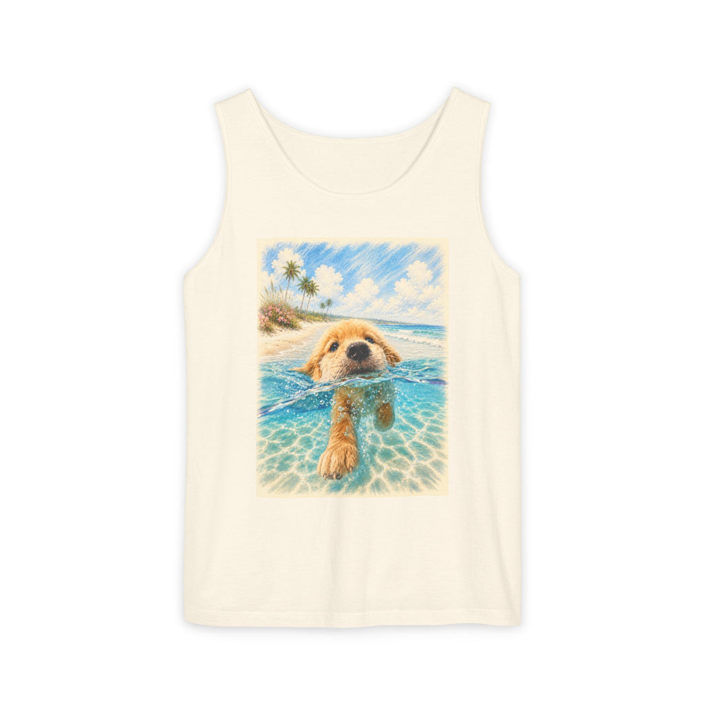 Ivory tank top printed with a Golden Retriever swimming toward a tropical shore in turquoise water