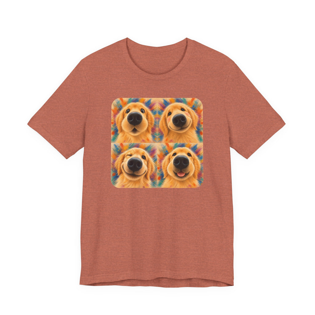 Heather Clay t-shirt printed with a four-panel portrait of Golden Retriever expressions