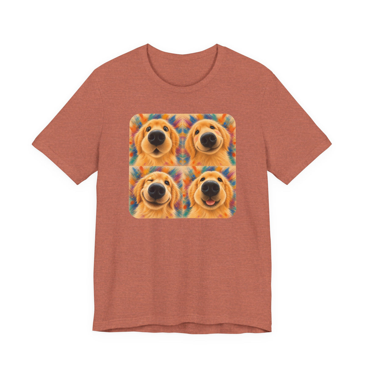 Heather Clay t-shirt printed with a four-panel portrait of Golden Retriever expressions