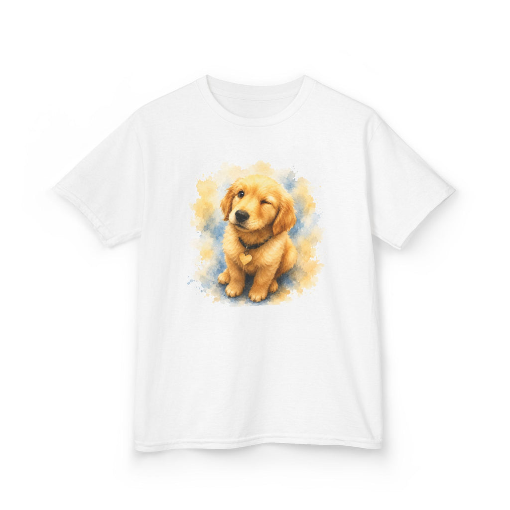 White kids t-shirt printed with a winking Golden Retriever puppy in yellow and blue watercolor