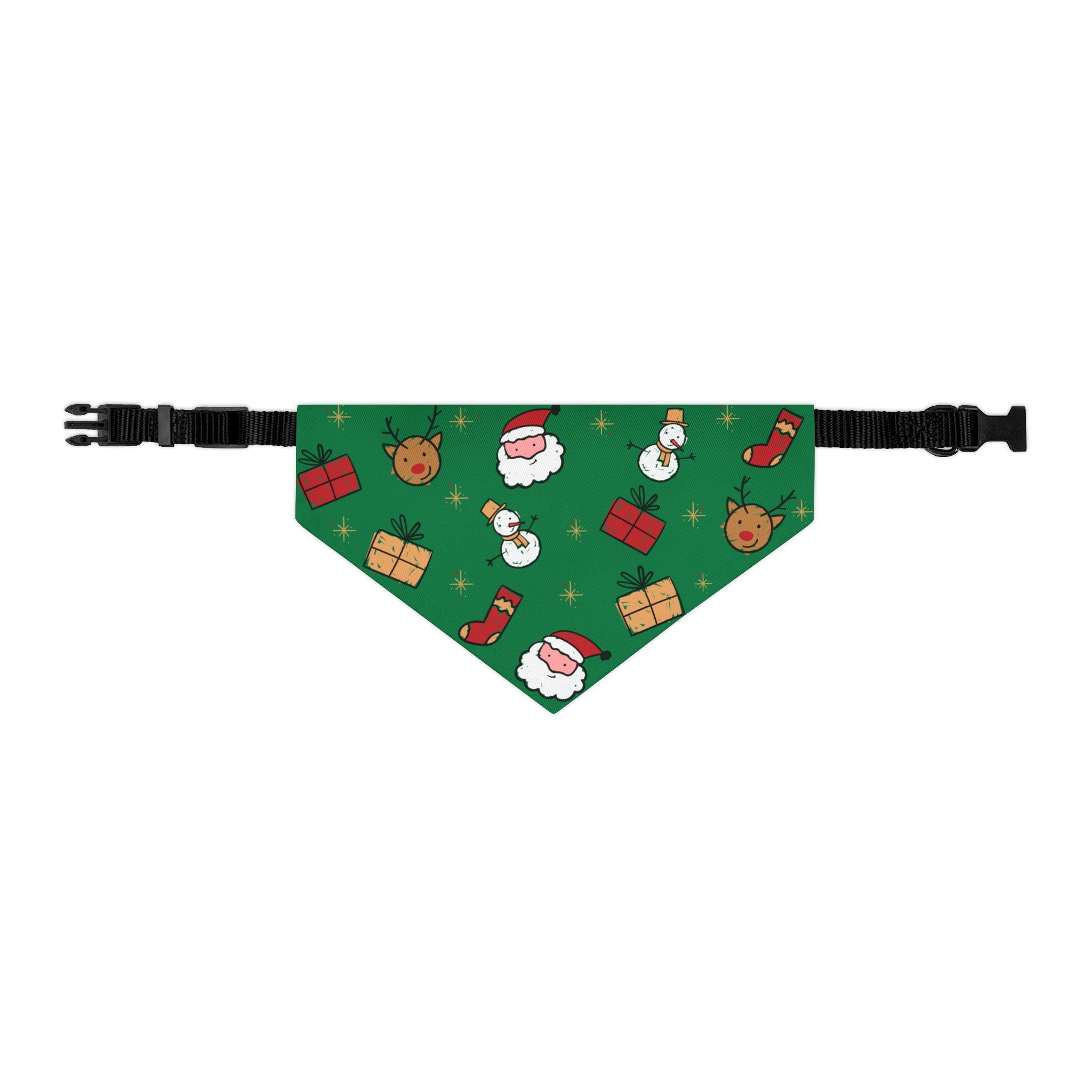 Christmas Dog Bandana Collar – Santa, Snowman & Reindeer Pattern (Green) | Holiday Pet Accessory