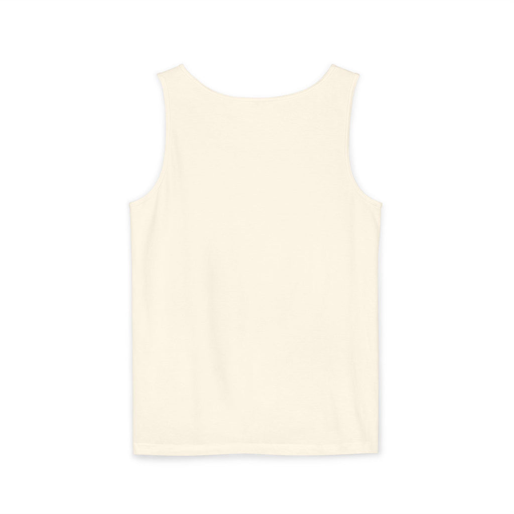 Ivory tank top printed with a Golden Retriever swimming toward a tropical shore in turquoise water