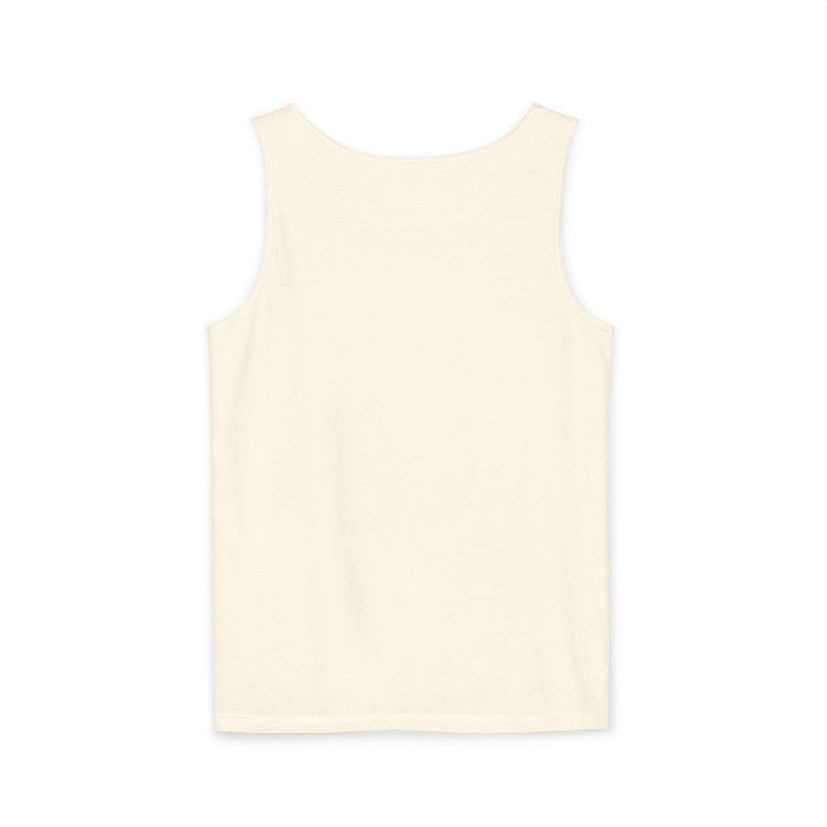 Ivory tank top printed with a Golden Retriever swimming toward a tropical shore in turquoise water