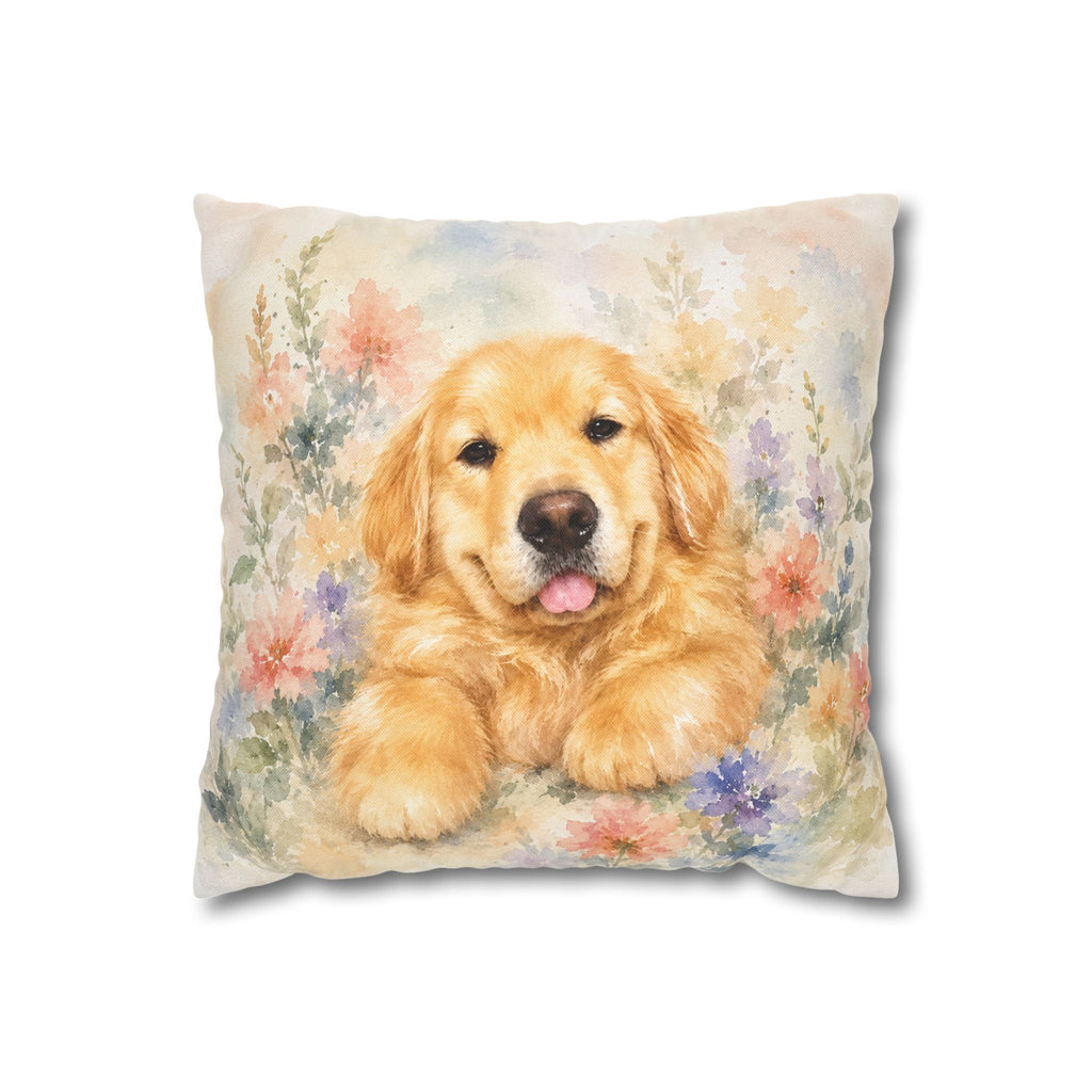 14 inch pillow cover printed with a relaxed Golden Retriever puppy with tongue out among watercolor wildflowers