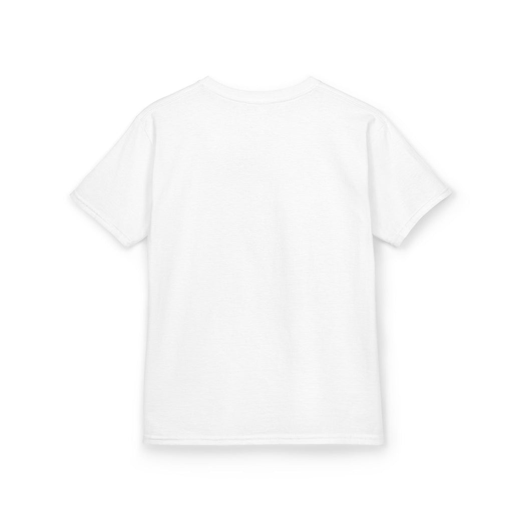 White kids t-shirt printed with a Golden Retriever puppy in a meadow surrounded by bubbles and flowers
