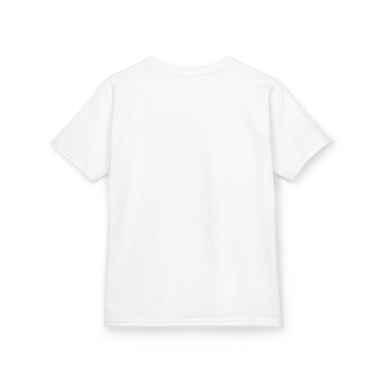White kids t-shirt printed with a Golden Retriever puppy in a meadow surrounded by bubbles and flowers