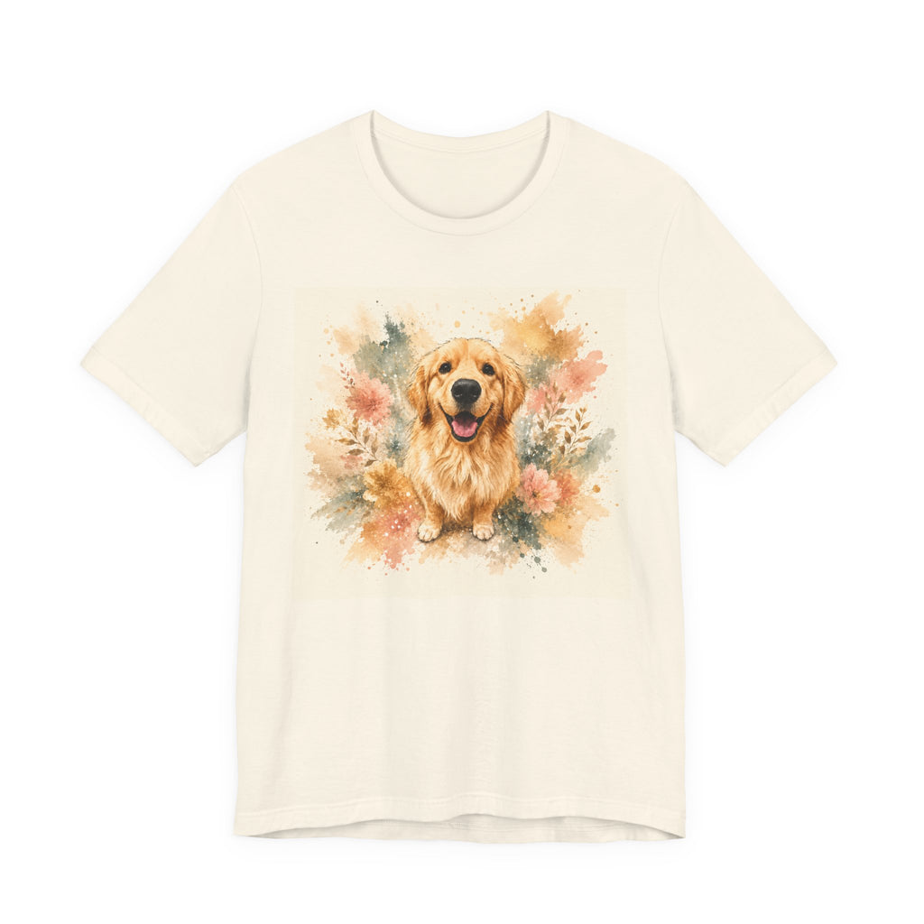 Natural t-shirt printed with a happy Golden Retriever framed by blush and sage watercolor florals