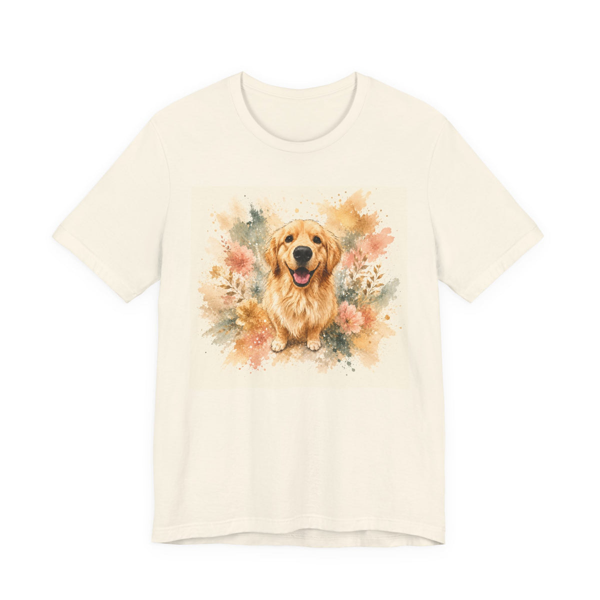 Natural t-shirt printed with a happy Golden Retriever framed by blush and sage watercolor florals