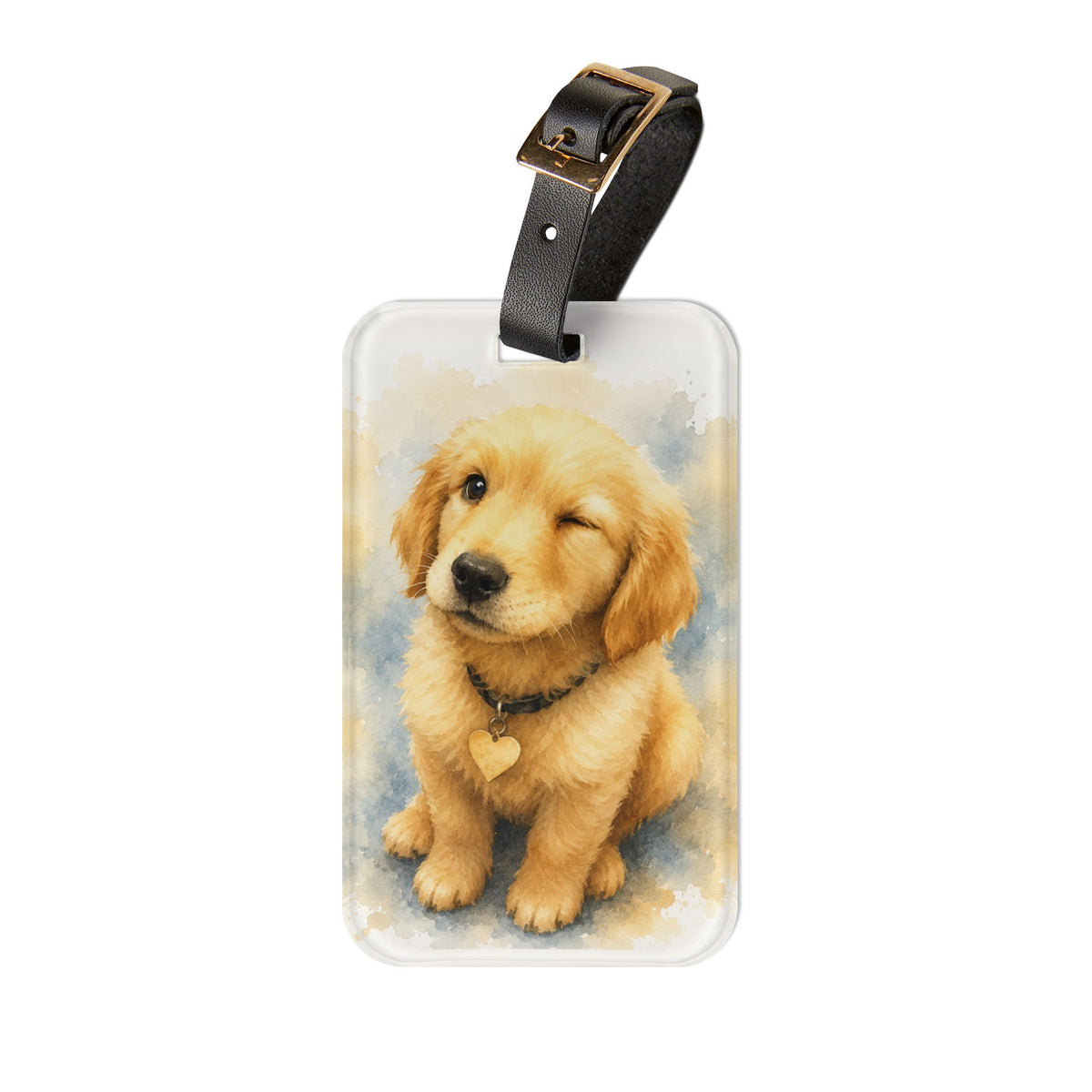 Acrylic luggage tag printed with a winking watercolor Golden Retriever puppy