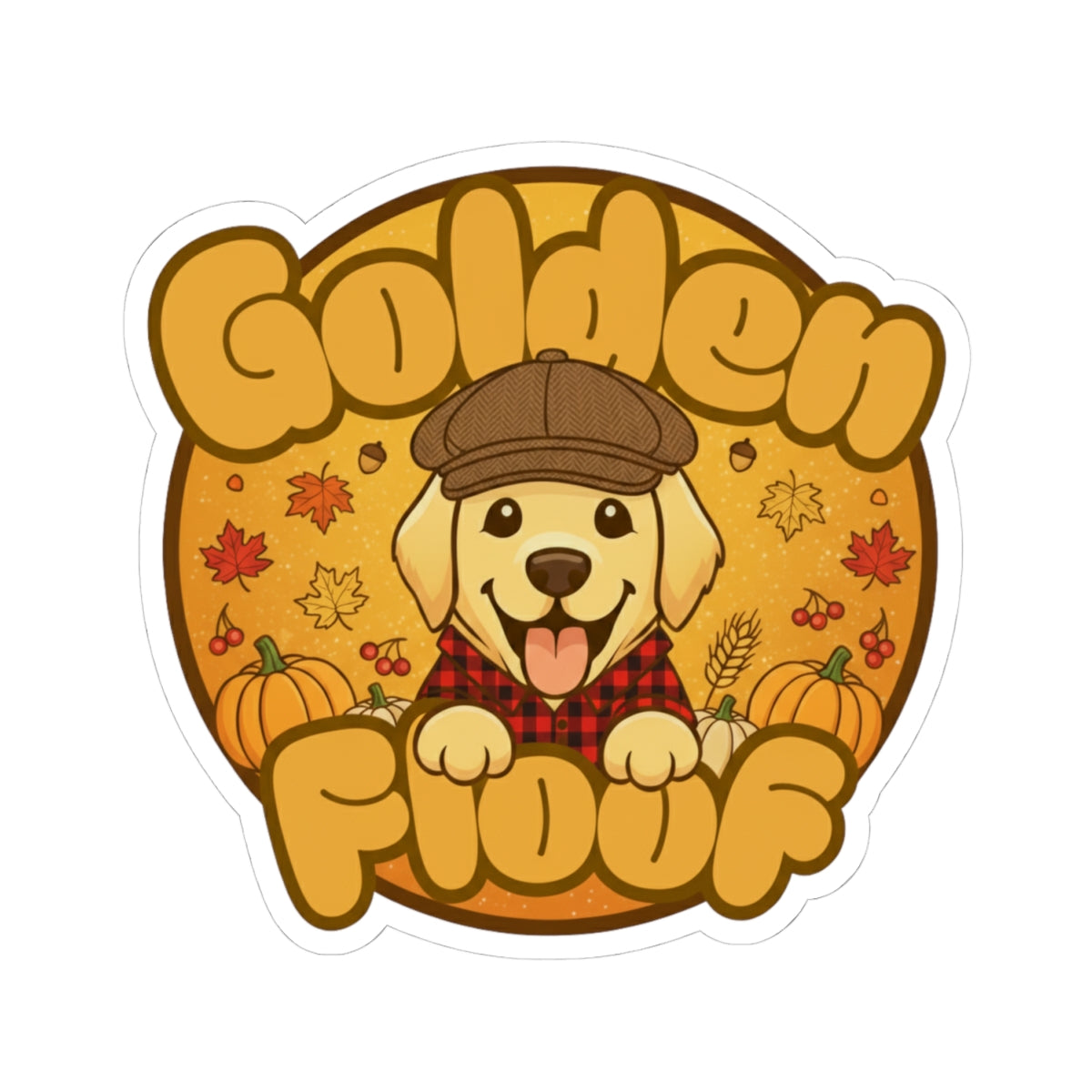 Golden Floof Autumn Pup Kiss Cut Sticker – Cozy Fall Dog with Pumpkins & Plaid