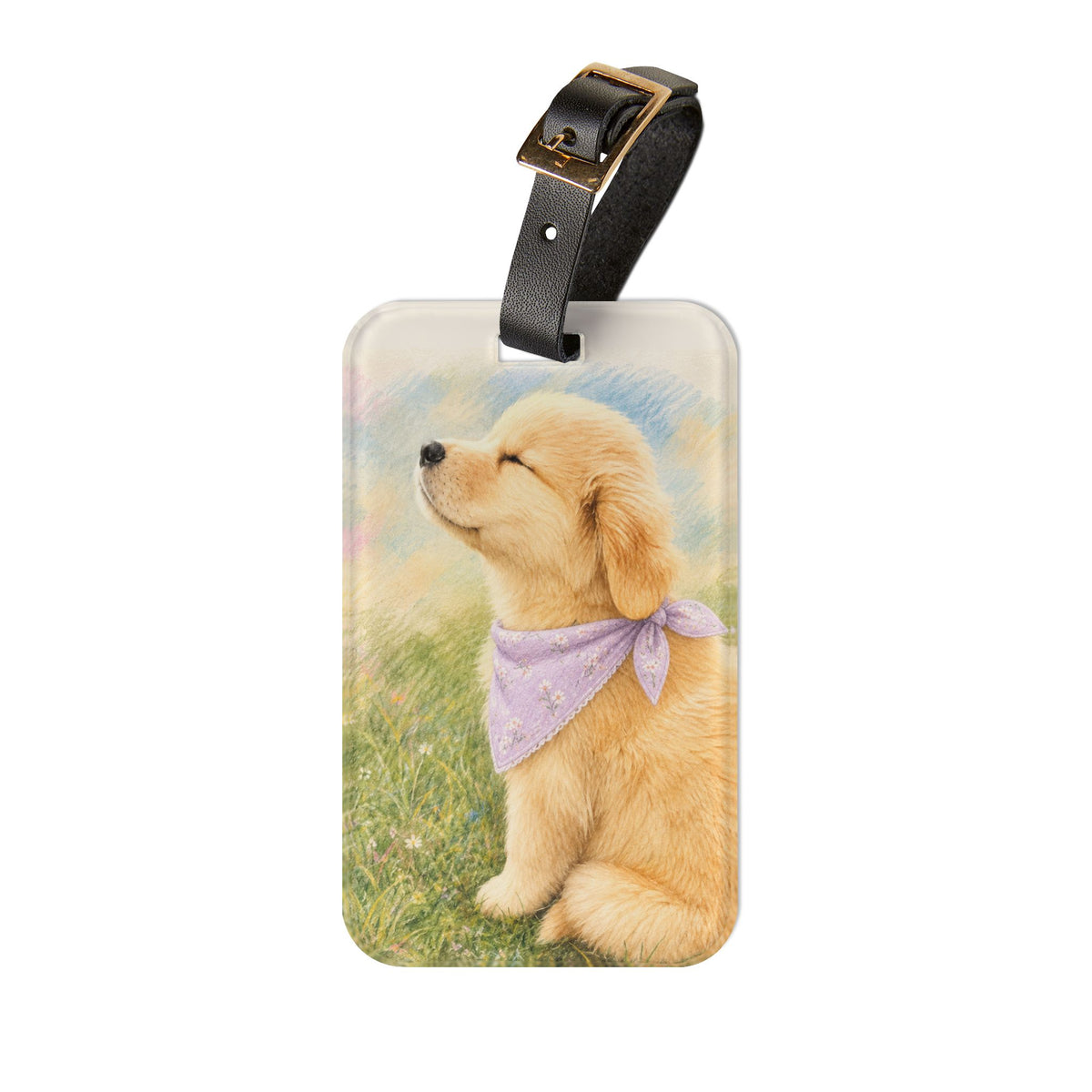 Acrylic luggage tag printed with a watercolor Golden Retriever puppy in a lavender bandana