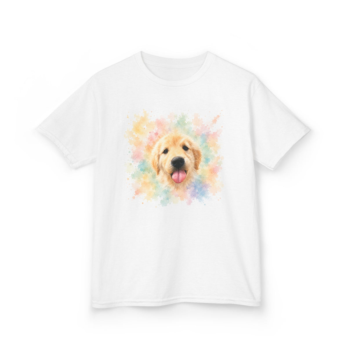 White kids t-shirt printed with a happy Golden Retriever puppy surrounded by colorful watercolor splashes