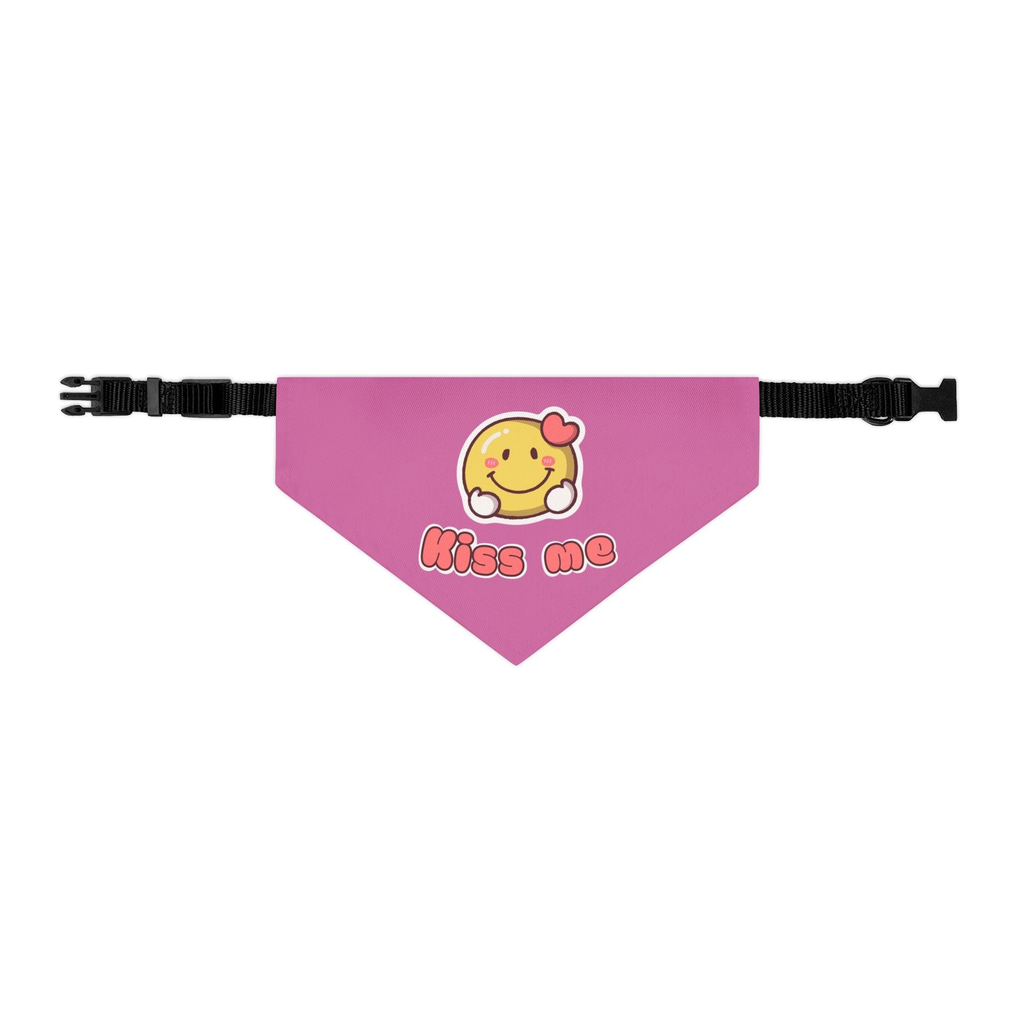 Kiss Me Valentine Dog Bandana Collar – Adjustable Pink Heart Smiley Pet Bandana