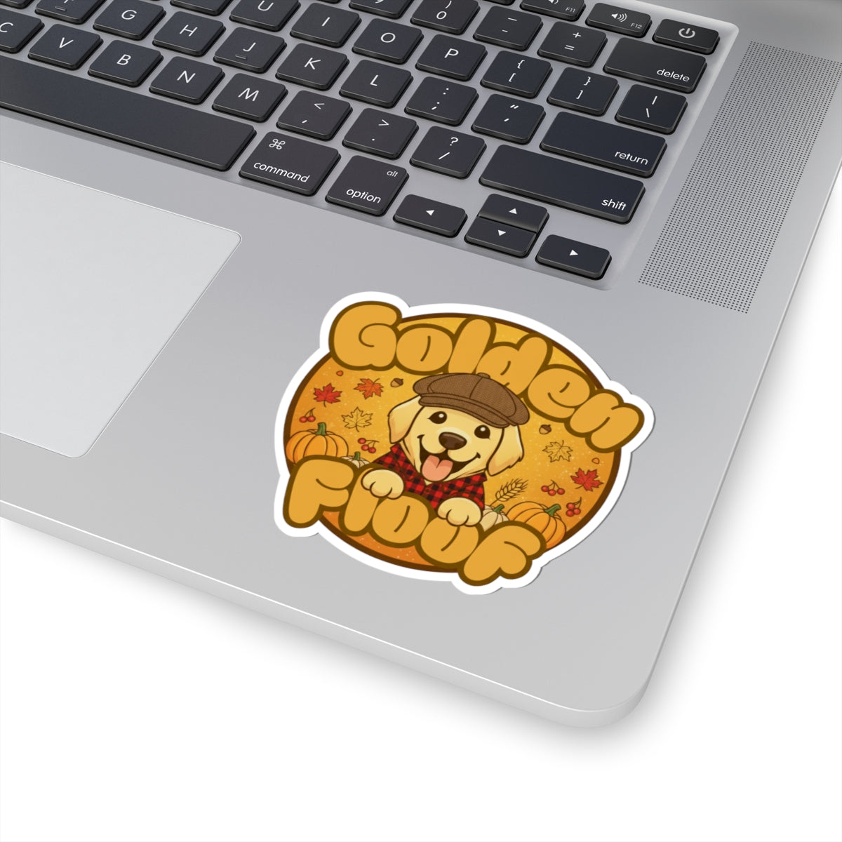 Golden Floof Autumn Pup Kiss Cut Sticker – Cozy Fall Dog with Pumpkins & Plaid