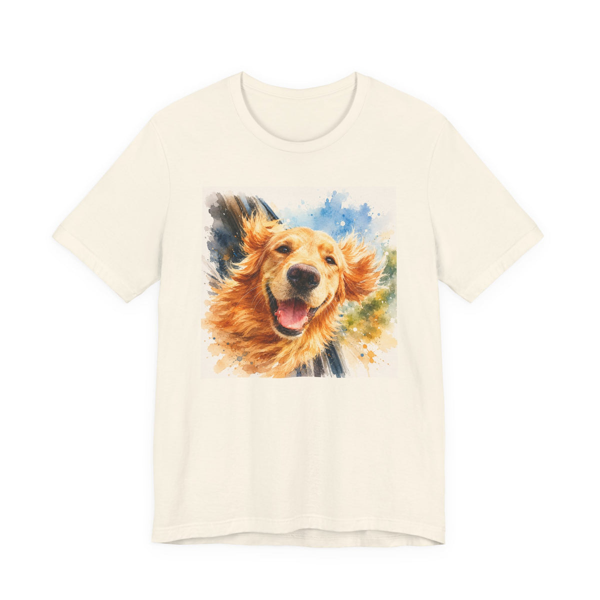 Natural t-shirt printed with a Golden Retriever with wind-swept ears and a wide open smile
