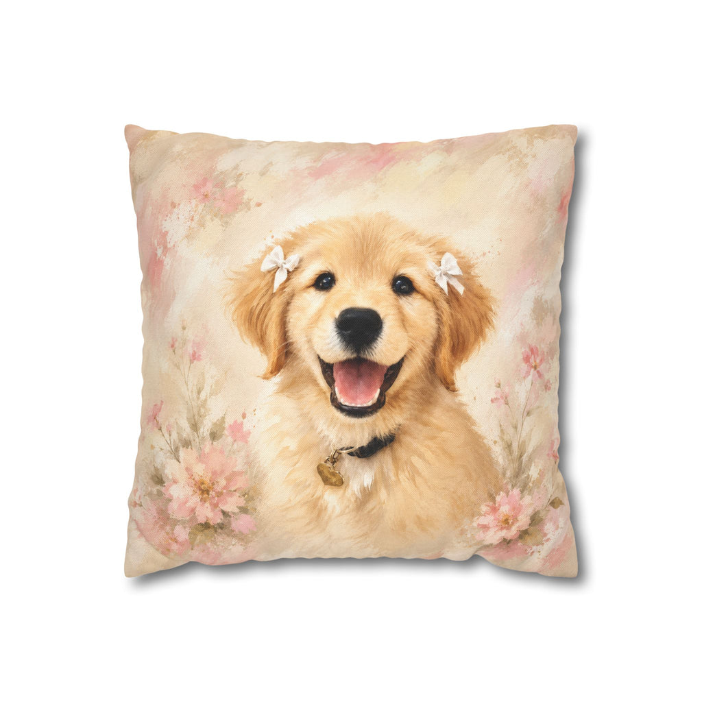 14 inch pillow cover printed with a Golden Retriever puppy surrounded by blush pink watercolor florals