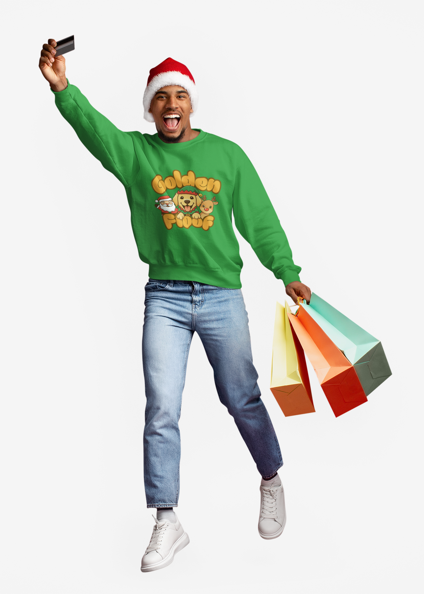 Golden Floof™ Santa & Reindeer Christmas Sweatshirt – Festive Holiday Golden Retriever Crewneck