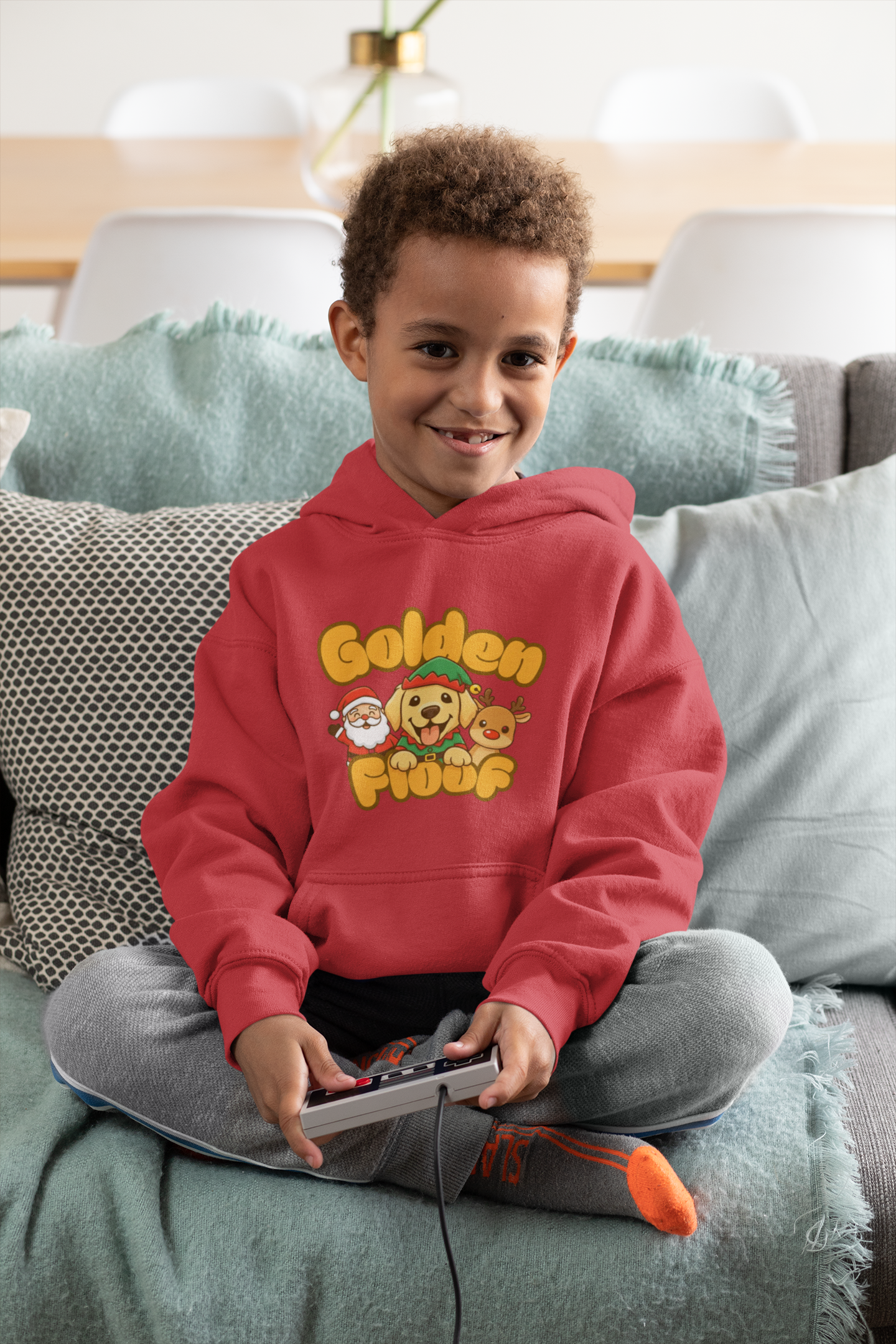 Golden Floof™ Kids Santa & Reindeer Christmas Hoodie – Cute Holiday Golden Retriever Elf Hoodie