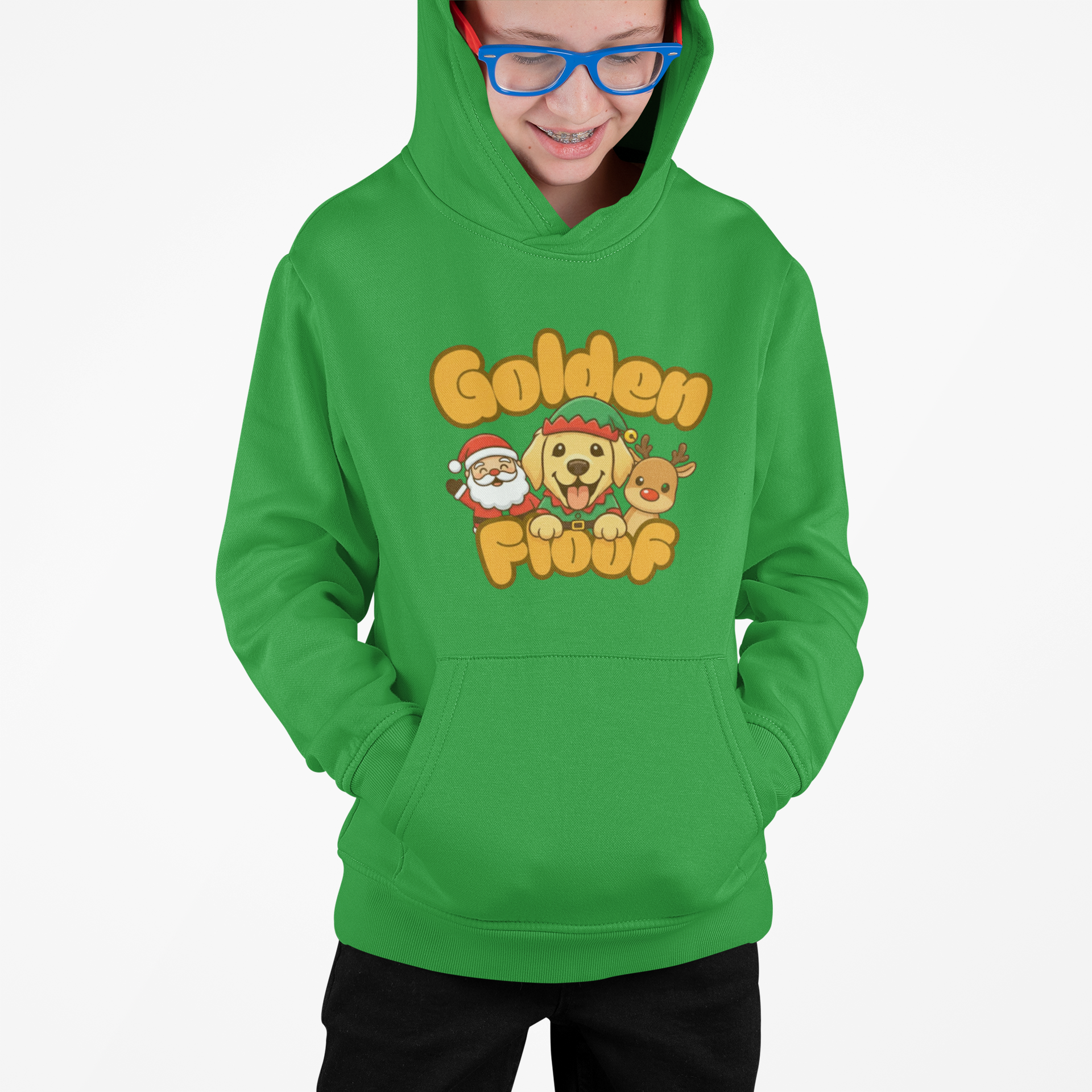 Golden Floof™ Kids Santa & Reindeer Christmas Hoodie – Cute Holiday Golden Retriever Elf Hoodie