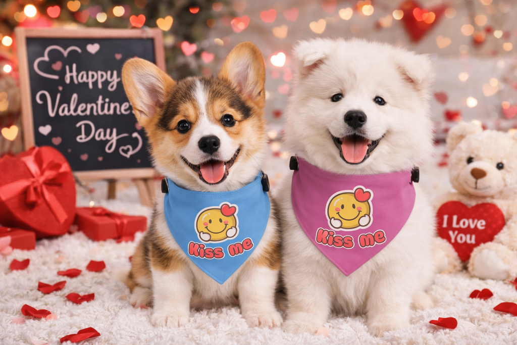 Kiss Me Valentine Dog Bandana Collar – Adjustable Light Blue Heart Smiley Pet Bandana