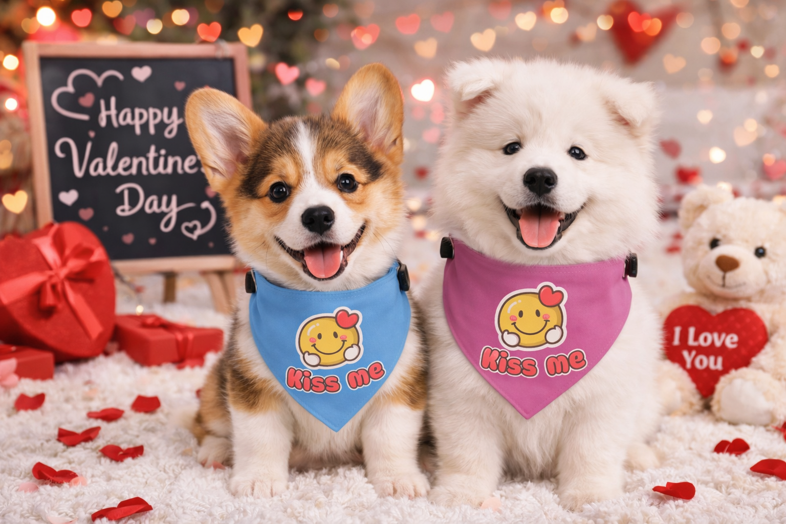 Kiss Me Valentine Dog Bandana Collar – Adjustable Light Blue Heart Smiley Pet Bandana