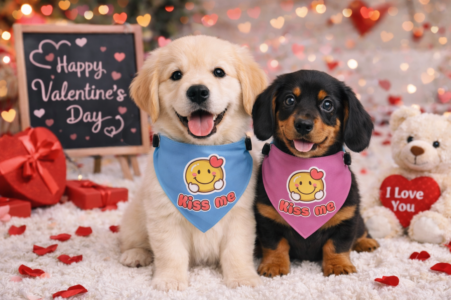 Kiss Me Valentine Dog Bandana Collar – Adjustable Light Blue Heart Smiley Pet Bandana