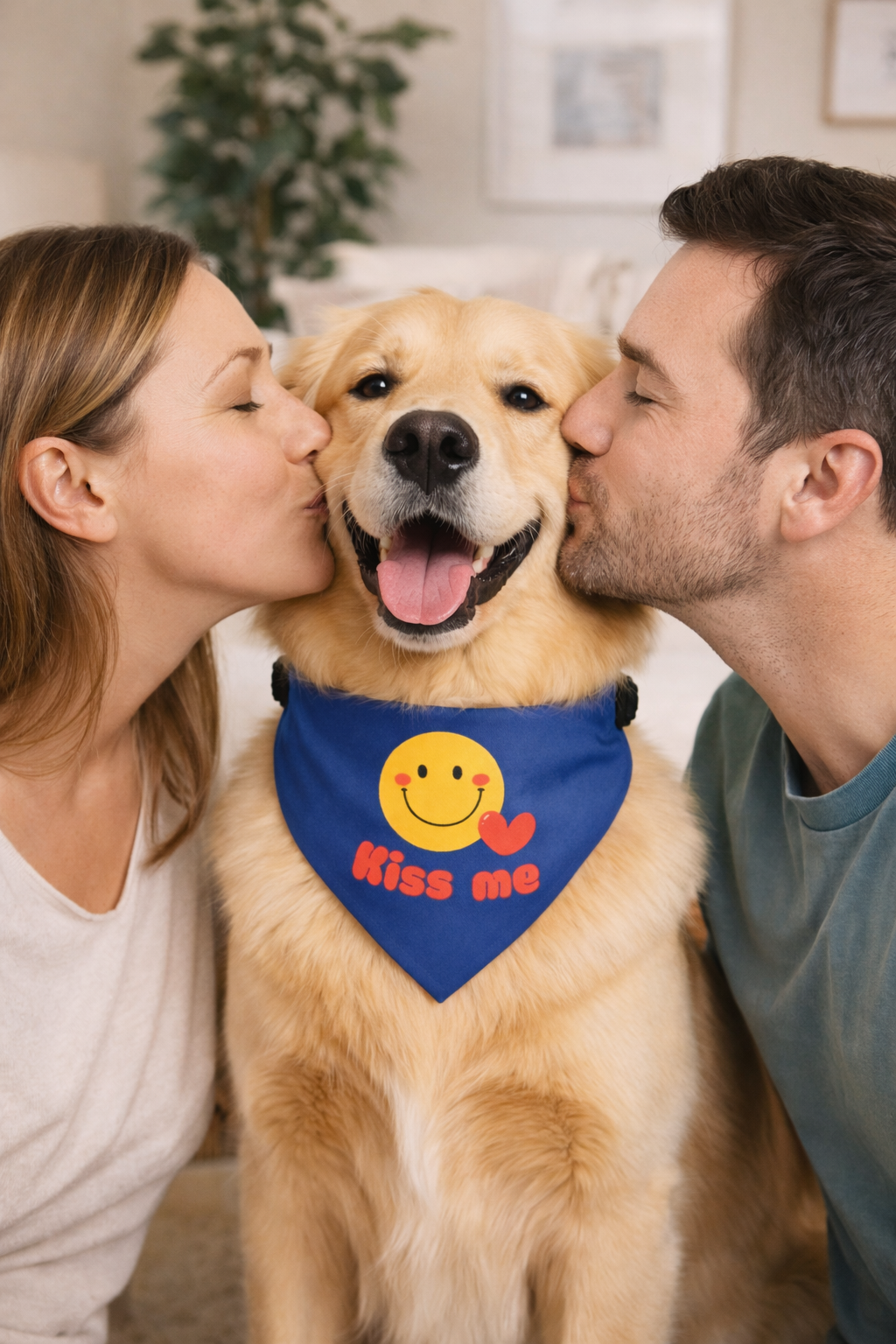 Valentine “Kiss Me” Dog Bandana Collar – Cute Heart Smiley, Blue Adjustable Pet Accessory