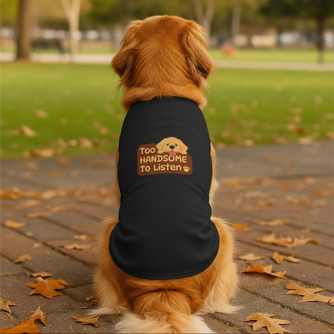 Too Handsome to Listen Dog Shirt – Funny Golden Pup Graphic, Cute Black Pet Tank Top
