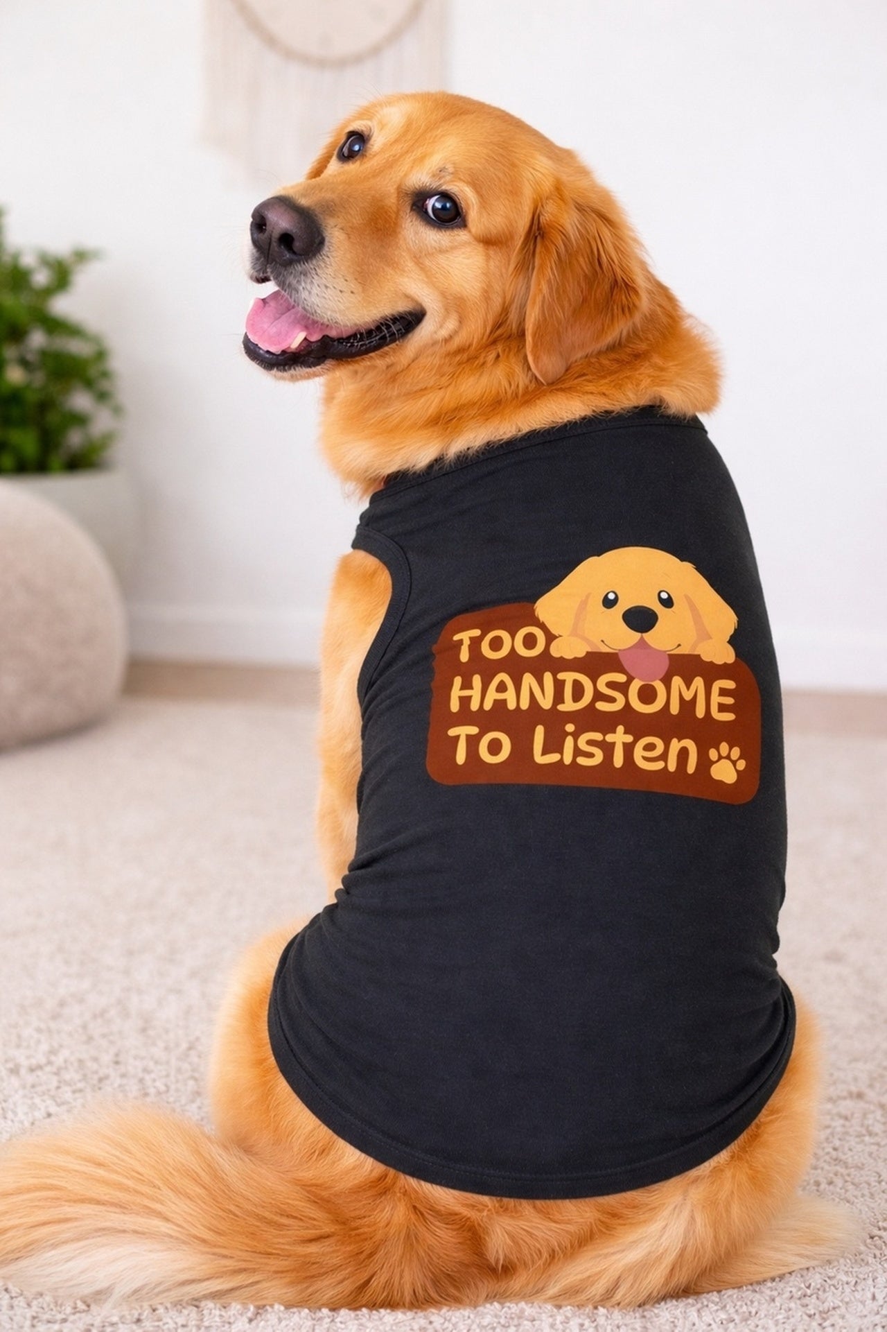 Too Handsome to Listen Dog Shirt – Funny Golden Pup Graphic, Cute Black Pet Tank Top