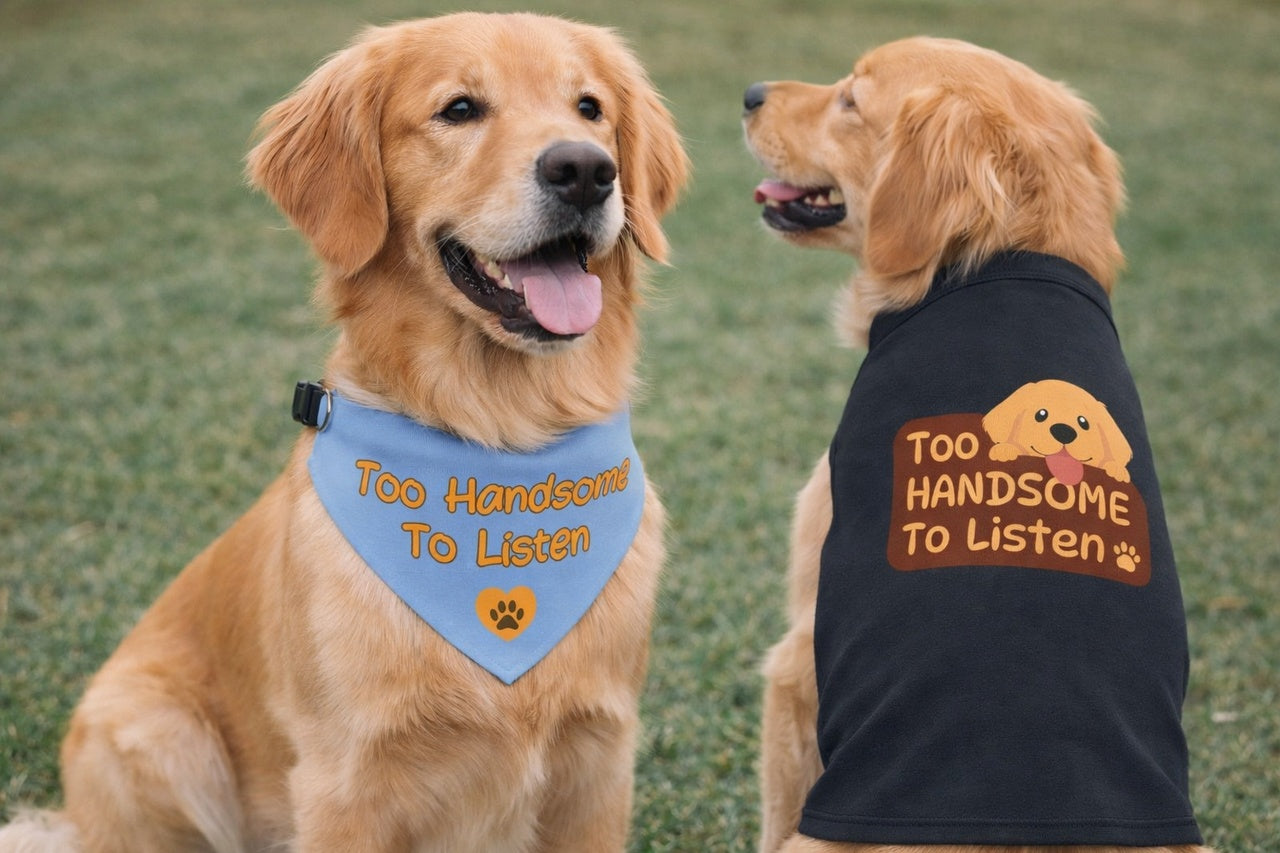 Too Handsome to Listen Dog Bandana Collar – Blue Funny Dog Bandana, Adjustable Pet Bandana