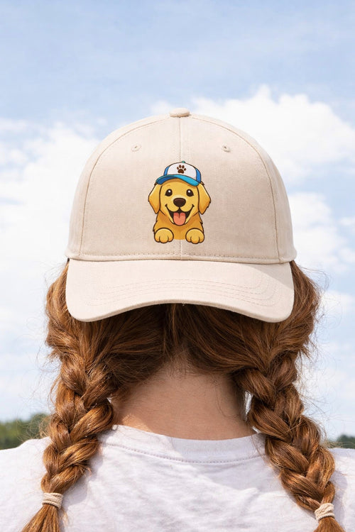 Adjustable baseball cap embroidered with the Golden Floof puppy-in-a-cap logo