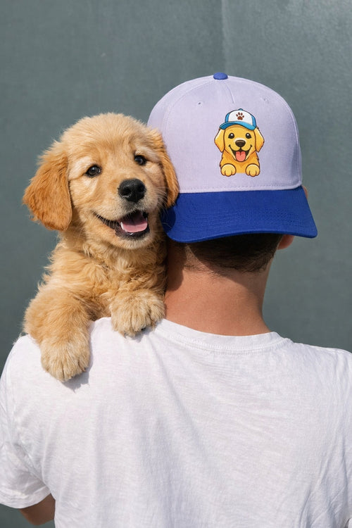 Adjustable baseball cap embroidered with the Golden Floof puppy-in-a-cap logo