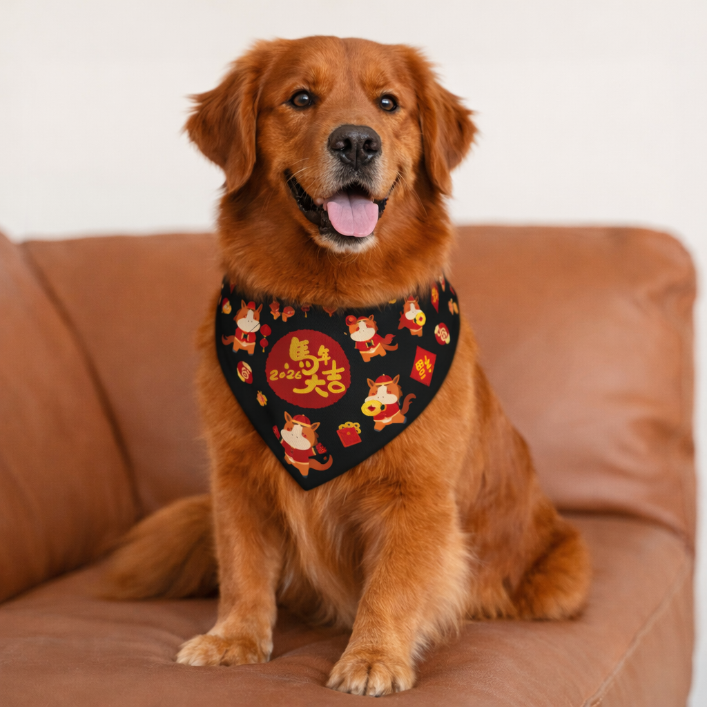 2026 Year of the Horse Dog Bandana Collar – Lunar New Year Festival Black Pet Scarf