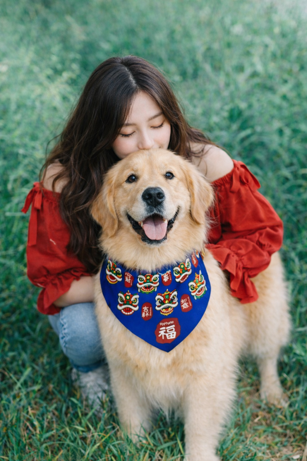 Lucky Lion Dance Lunar New Year Festival Blue Dog Bandana Collar