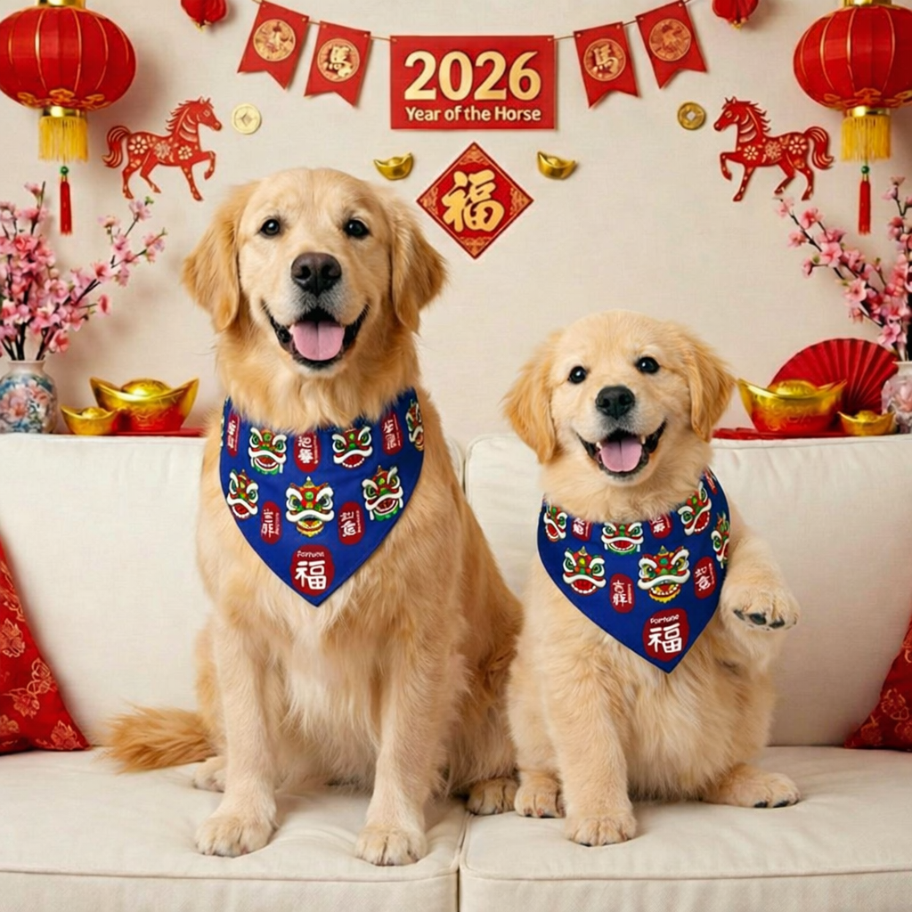 Lucky Lion Dance Lunar New Year Festival Blue Dog Bandana Collar