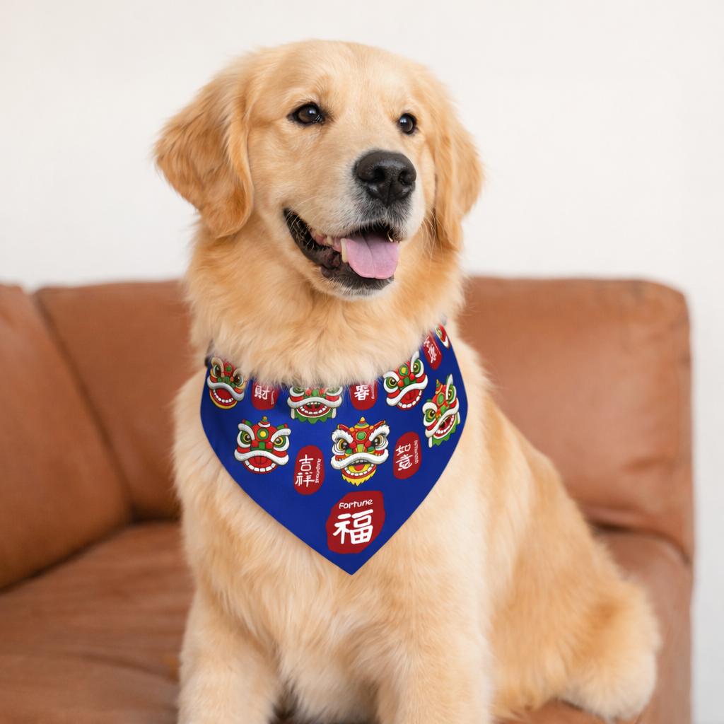 Lucky Lion Dance Lunar New Year Festival Blue Dog Bandana Collar