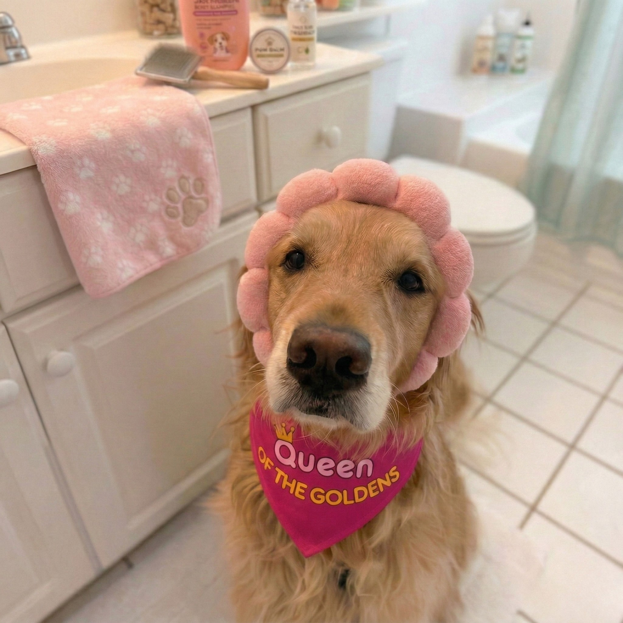 Queen of the Goldens Adjustable Pink Dog Bandana Collar