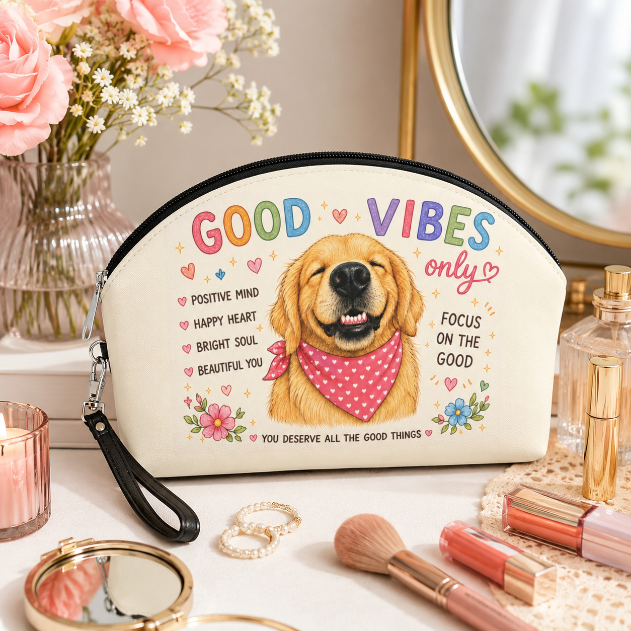 Good Vibes Only Golden Retriever Makeup Bag