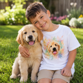 White kids t-shirt printed with a happy Golden Retriever puppy surrounded by colorful watercolor splashes