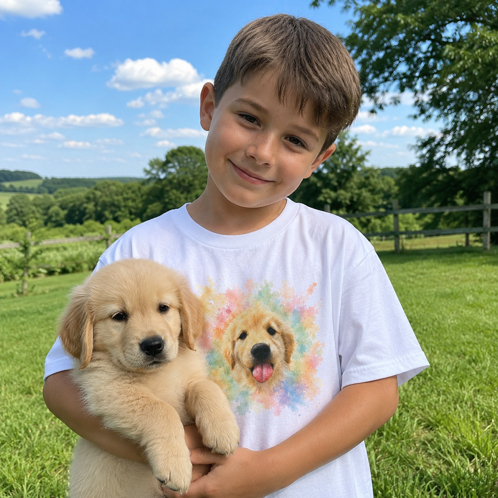 White kids t-shirt printed with a happy Golden Retriever puppy surrounded by colorful watercolor splashes
