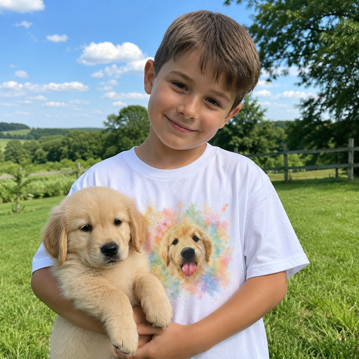 White kids t-shirt printed with a happy Golden Retriever puppy surrounded by colorful watercolor splashes