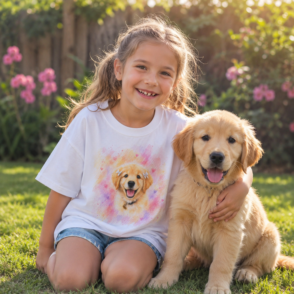 White kids t-shirt printed with a Golden Retriever puppy in pink, peach, and lavender watercolor florals